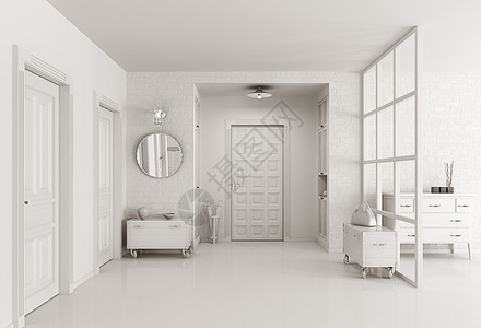 现代白色入口大厅内部三维渲染图片