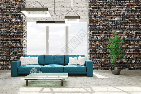 现代客厅内部采用砖墙混凝土地板青色沙发三维渲染图片