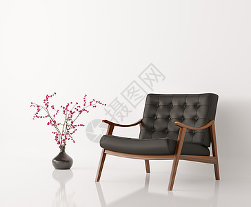 黑色皮革扶手椅花瓶靠白色墙壁上隔离三维渲染图片
