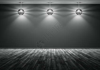 黑色火焰房间三盏灯,黑色墙壁,木制地板,夜间内部背景三维渲染背景