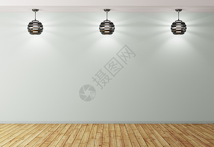 空房间,三盏灯靠青色墙壁,木地板,内部背景三维渲染图片