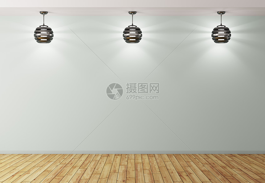 空房间 三盏灯靠青色墙壁 木地板 内部背景三维渲染高清图片下载 正版图片 摄图网