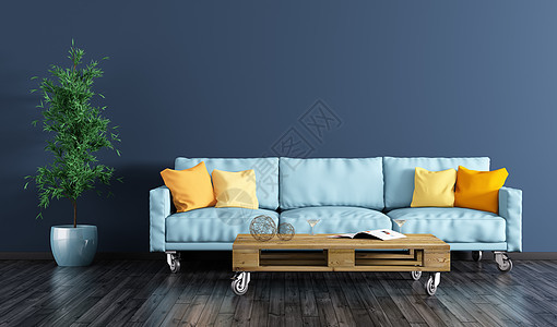 现代室内客厅与海蓝墙,沙发,托盘桌植物3D渲染图片