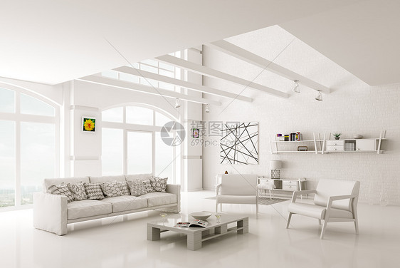 白色现代客厅内部与沙发扶手椅3D渲染图片