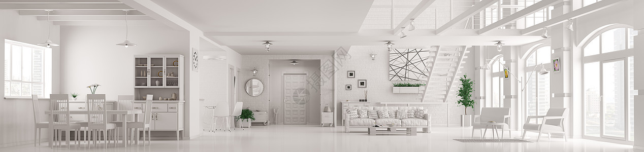 现代白色阁楼公寓内部,客厅,大厅,楼梯,全景三维渲染背景图片