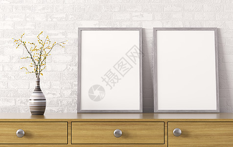 两张海报花瓶木制抽屉的白色砖墙内部背景3D渲染图片