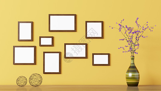 货架上方的空白木框,黄色墙壁上的花瓶,室内装饰背景,3D渲染图片
