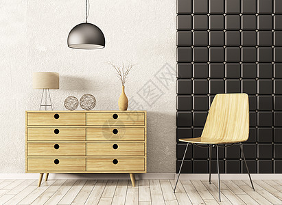 现代室内客厅与木制橱柜椅子三维渲染图片