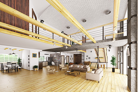 现代住宅内部,客厅,大厅,厨房,楼梯三维渲染图片