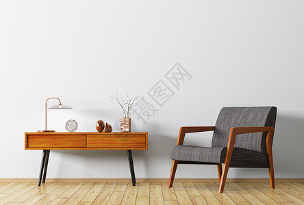 客厅内部背景,木制侧桌扶手椅三维渲染图片