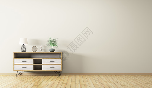现代室内客厅与木制橱柜三维渲染图片