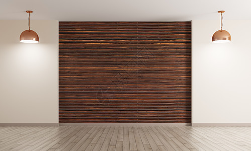空的内部背景,房间棕色木板墙硬木地板,两个铜灯三维渲染图片
