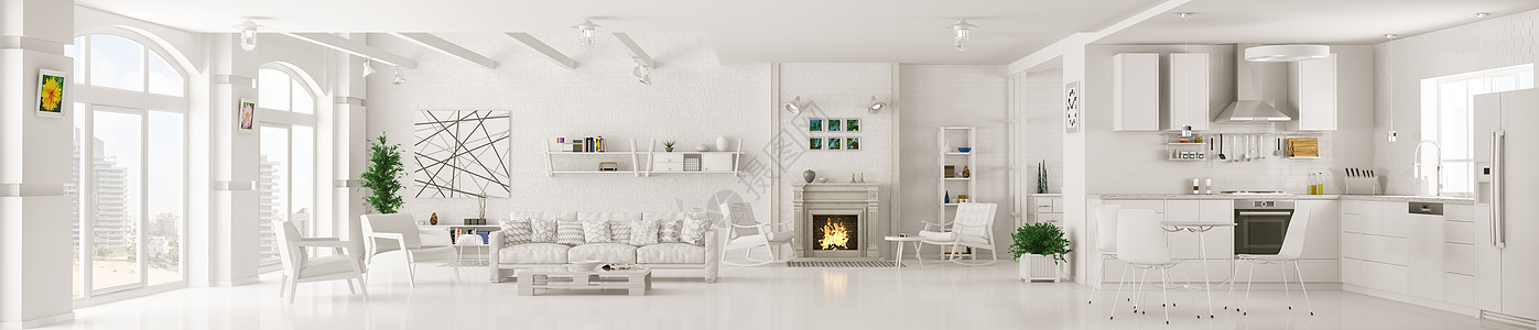 白色公寓内部,客厅,厨房,带壁炉的休息区,全景3D渲染图片