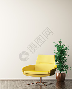 现代室内客厅与黄色扶手椅三维渲染图片