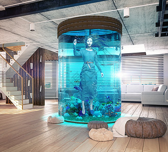 水族馆里的个女人现代阁楼内部水族馆三维图片