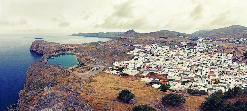 林多斯镇保罗海湾全景,罗德岛,希腊
