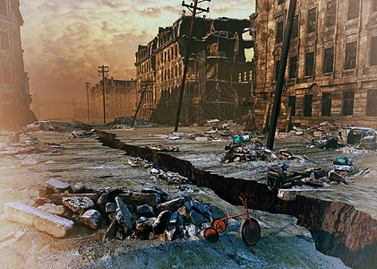 街道上裂缝的城市废墟三维插图图片