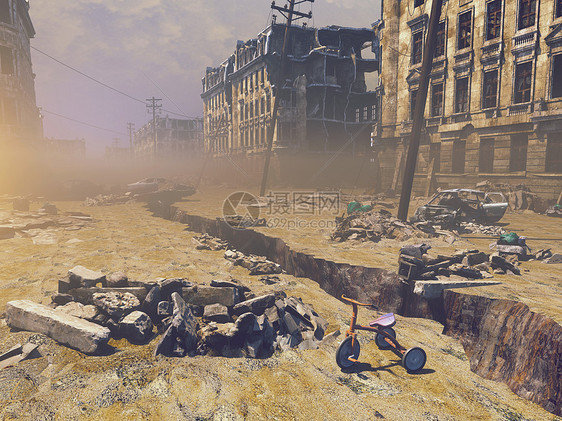 街道上裂缝的城市废墟三维插图图片