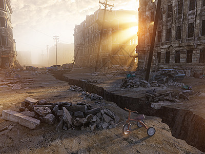 街道上裂缝的城市废墟三维插图背景图片