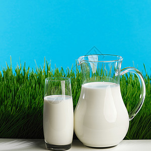 新鲜草地上的杯牛奶罐子图片