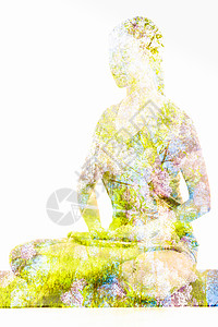 自然谐健康的生活方式双曝光图像的妇女瑜伽阿莎娜莲花位置帕德马萨纳与海拉瓦泥德拉阿萨纳运动盘腿坐着冥想女瑜图片