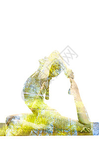 自然谐健康的生活方式双曝光图像的妇女瑜伽阿莎娜国王鸽子姿势拉贾卡波塔萨纳运动孤立白色背景女瑜伽体式的双重曝光图片