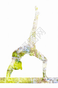 自然谐健康的生活方式理念双曝光图像的妇女瑜伽体式单腿向上弓姿势EkapadaurdhvaDhanurasanaasana图片