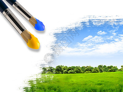 用画笔用蓝天绿草着色景观图片
