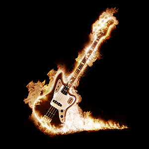 电子吉他笼罩着黑色背景上的火焰图片