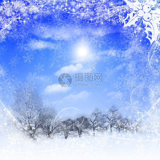 蓝色天空阳光的抽象背景冬天风景中的诞节新快乐,诞快乐图片