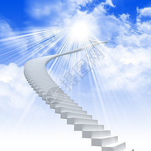白色的梯子延伸明亮的天空,绿草的背景下通往天堂之路的象征图片