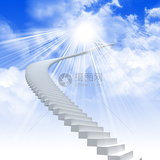 白色的梯子延伸明亮的天空绿草的背景下通往天堂之路的象征