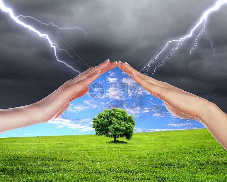 人类的手保护树木免受雷雨照明图片