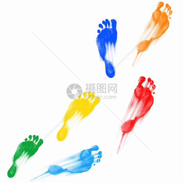 白色背景上五颜六色的人类脚印图片