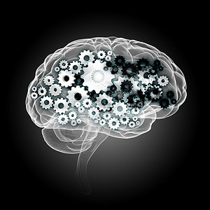 头脑风暴的人脑轮廓与齿轮齿轮元件黑色背景下图片
