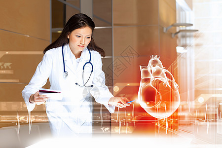 女心脏病专家吸引力的女心脏病专家检查虚拟心脏的图像图片