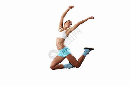 运动女跳跃的形象白色背景下跳跃的运动女孩的形象图片