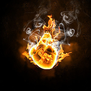 人类的心火焰中黑色背景下火焰中人类心脏的插图图片