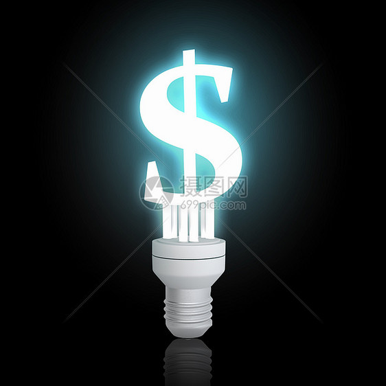 省钱的发光灯泡与美元标志黑暗的背景图片