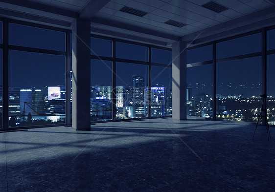 夜间办公室内部办公室内部背景与夜间城市景观图片