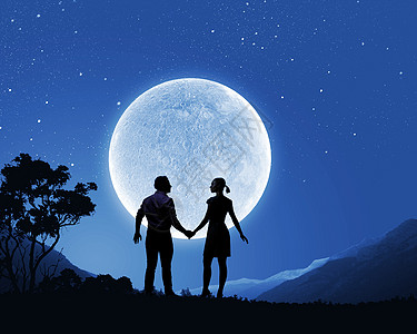 浪漫的站月光下的轻浪漫夫妇的剪影背景