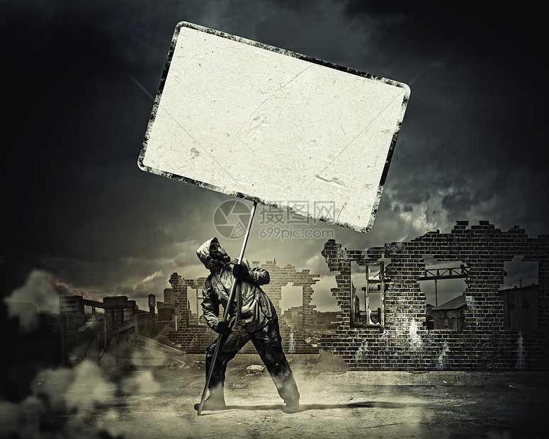 核未来带着空白横幅的防具跟踪者灾难高清图片下载 正版图片 摄图网