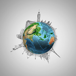 世界地标世界各地灰色背景上的地球行星与铅笔草图这幅图像的元素由美国宇航局提供的背景