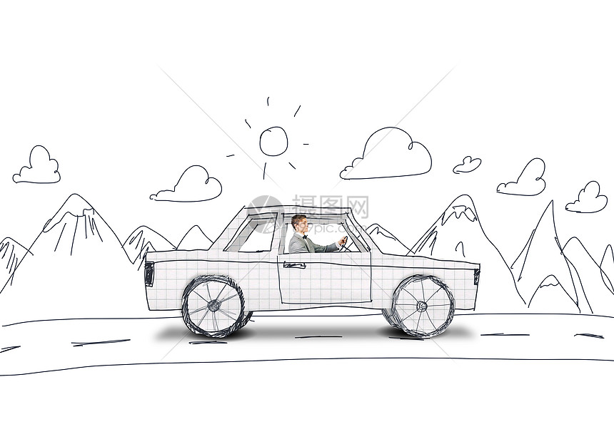 开车的人轻人开着张纸的车