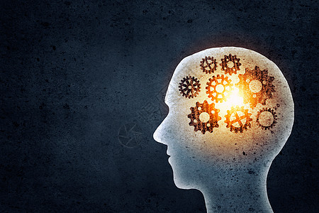 筋头巴脑思维机制用齿轮机构代替大脑的人头轮廓背景