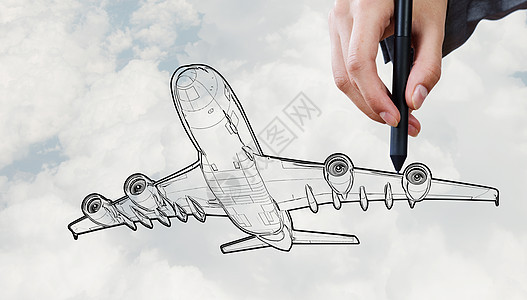 师画飞机人天空背景上画飞机模型图片