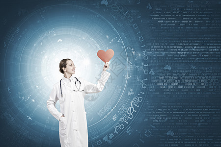 专业照顾你的心吸引力的保健女工,红色的心脏象征图片