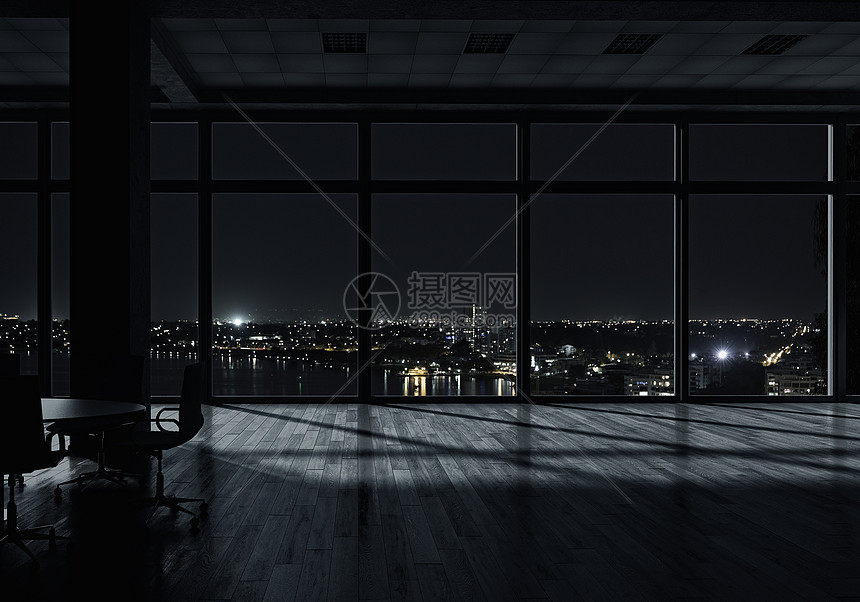 夜间办公室内部办公室内部背景与夜间城市景观