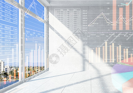 办公室内部图表图表现代办公窗口视图与虚拟市场信息图片
