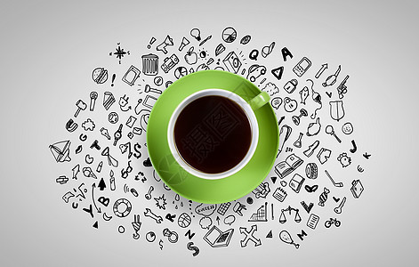 咖啡休息时间咖啡杯商业策略草图的颜色背景图片